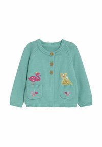 Tirkīza ērtā džempera veste ar apaļu kaklu, trim koka pogām un izšūtām flamingo un leopardu dizainiem uz kabatām.
