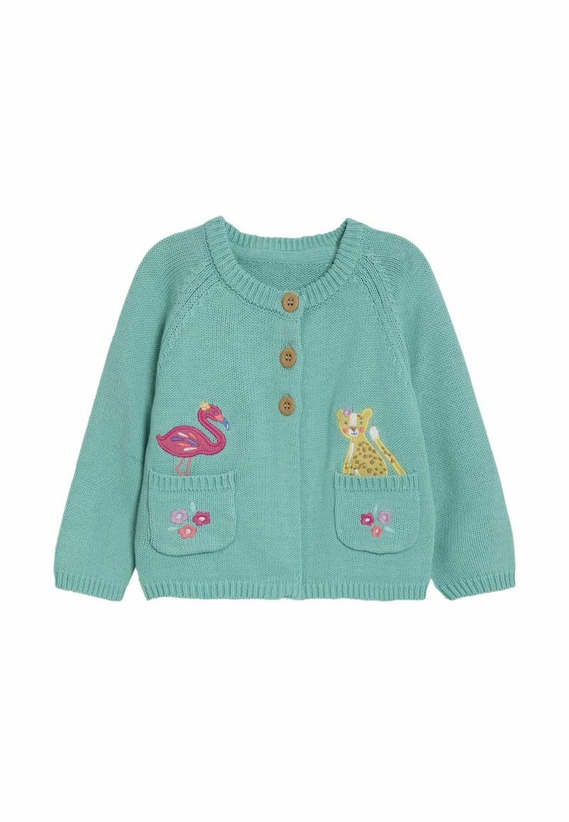 Tirkīza ērtā džempera veste ar apaļu kaklu, trim koka pogām un izšūtām flamingo un leopardu dizainiem uz kabatām.