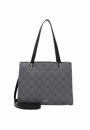Sac à main rectangulaire gris avec poignées et bandoulière noires, orné d'un motif discret en diamant et d'un petit logo à l'avant.