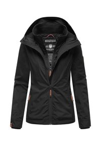 Zwarte zip-up jack met capuchon, kraag van fleece, twee zijzakken met rits en bruine ritssluitingen, weergegeven op een witte achtergrond.