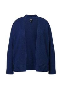Cardigan tricoté bleu marine à manches longues, à ouverture sur le devant, avec des poignets et un ourlet côtelés, présenté sur fond blanc.