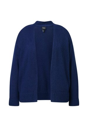 Granatowy sweter dziewiarski z długimi rękawami, otwarty z przodu, z prążkowanymi mankietami i dołem, wyeksponowany na tle białym.