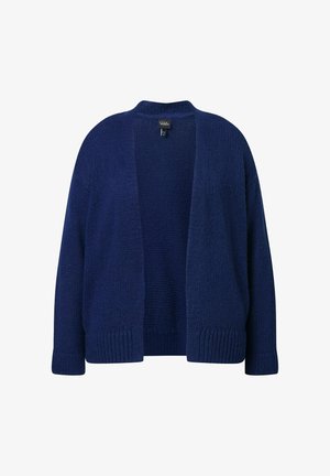 Marineblauer Strickcardigan mit langen Ärmeln, offener Vorderseite, gerippten Bündchen und Saum, vor weißem Hintergrund präsentiert.