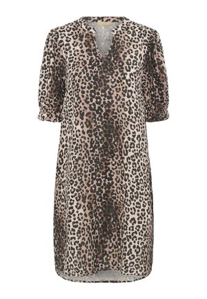 Leopard print dress featuring a v-neckline, puffed short sleeves, and a relaxed fit. Made from lightweight fabric with a soft texture.