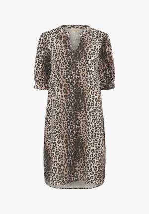 Leopard print dress featuring a v-neckline, puffed short sleeves, and a relaxed fit. Made from lightweight fabric with a soft texture.