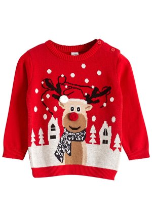 Maglione rosso per bambini con una renna sorridente che indossa un cappello e una sciarpa di Babbo Natale, circondato da fiocchi di neve bianchi e case invernali.
