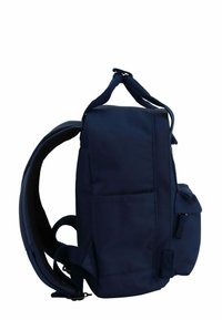 Navy blue backpack with a rectangular shape, padded straps, external pockets, and a smooth, textured surface. Adjustable top handle included.
