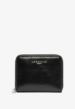 Czarny portfel zamszowy z fakturowanym wykończeniem, srebrnym logo marki i zamkiem błyskawicznym na całym obwodzie dla bezpiecznego dostępu.