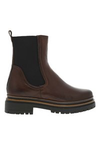 Bottine en cuir marron avec des panneaux élastiques sur les côtés, bout arrondi, accents texturés noirs et semelle robuste. Talon épais avec couture contrastée.