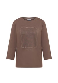 Brązowa koszula z długim rękawem o fakturowanym wzorze z nadrukowanym tekstem w formie kwadratu. Wykonana z miękkiego, lekkiego materiału.