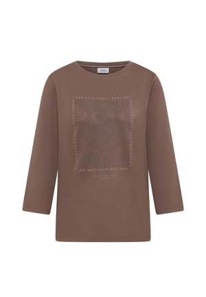 Camicia marrone a maniche lunghe con un design testurizzato e testo stampato a motivo quadrato. Realizzata in tessuto morbido e leggero.