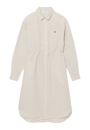 Vestito camicia a maniche lunghe con righe verticali beige e bianche, bottoni, taschino sul petto, colletto e dettaglio in vita elastico.
