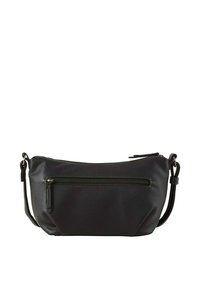 Schwarze Leder-Crossbody-Tasche mit strukturierter Oberfläche, einem Hauptfach mit Reißverschluss und einer kleinen Reißverschlusstasche auf der Vorderseite. Verstellbarer Schulterriemen ist inklusive.