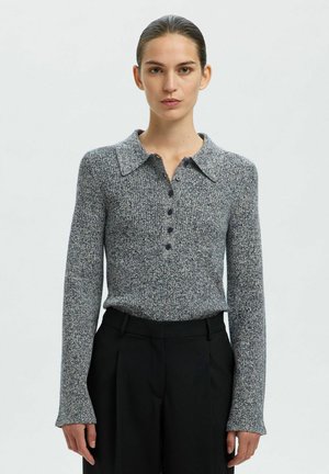 Knit polo shirt in gray and navy with long sleeves, button closure, and a collar. Textured fabric with a subtle speckled pattern.