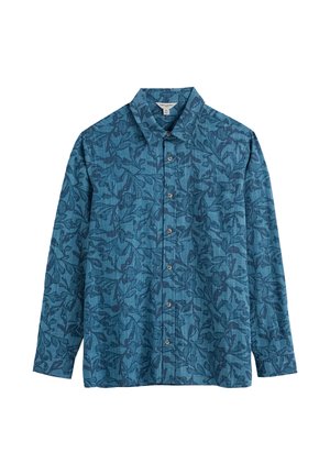 Pikad varrukad särgil on tekstureeritud tumeroheline kangas, millel on tumedad lillemustrid, punktkrae ja ees nööbitav sulgemine kontrastsete nuppudega.