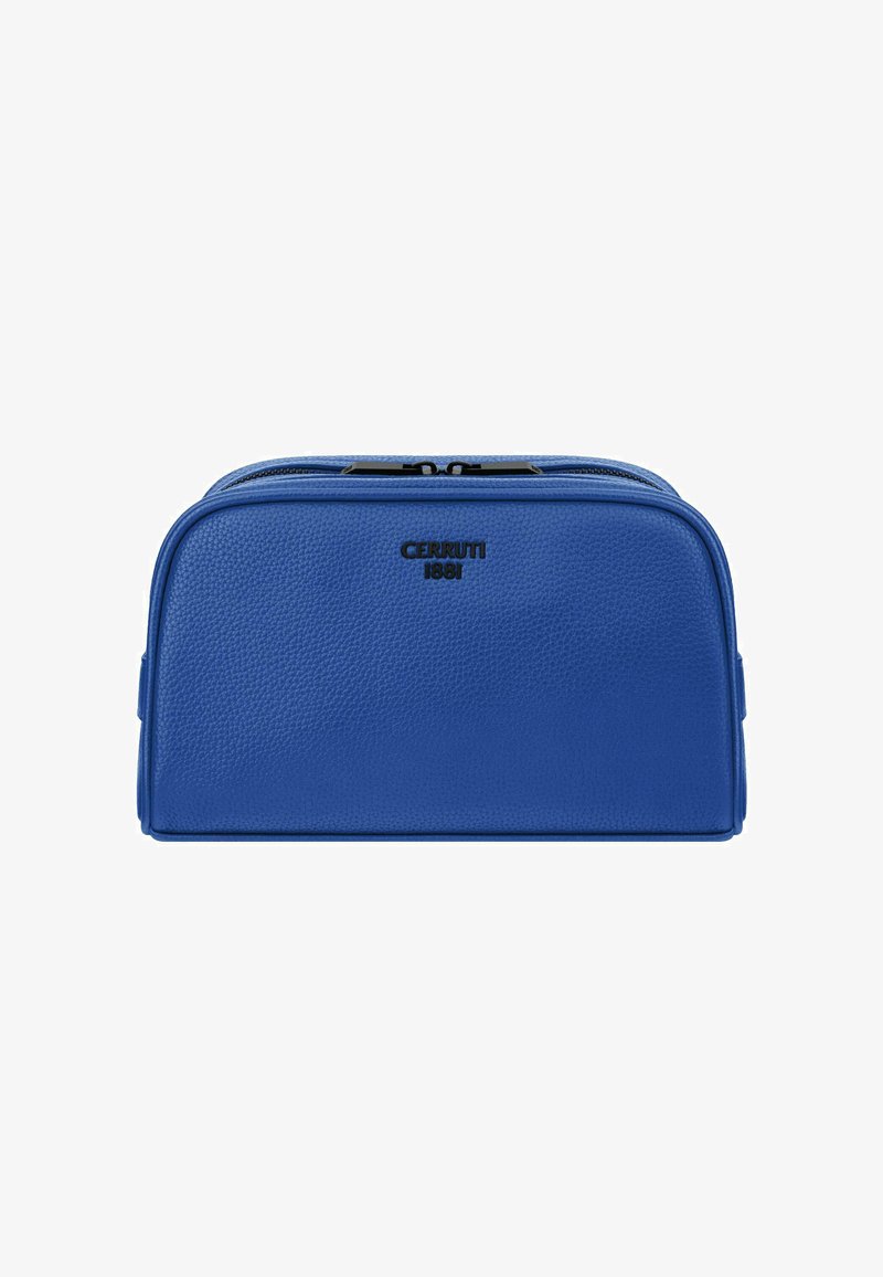 Trousse de toilette en cuir bleu texturé avec double fermeture éclair et logo "CERRUTI 1881" embossé en noir sur le devant.