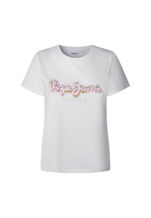Vit bomullst-shirt med en färgglad, broderad "Pepe Jeans LONDON" logotyp över bröstet. Korta ärmar och rundad halsringning.