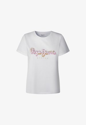 Valkoinen puuvillapaita, jossa on värikäs, brodeerattu "Pepe Jeans LONDON" -logo rinnan kohdalla. Lyhyet hihat ja pyöreä kaula-aukko.