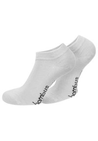 Bambus-Mischung Knöchelsocken in Hellgrau mit glatter Textur und schwarzem "bambus"-Logo. Verfügt über verstärkte Ferse und Zehen für lange Haltbarkeit.
