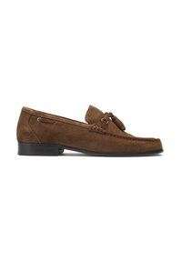 Brown suede moccasin shoe featuring a woven bow accent and a low black rubber heel. Minimal stitching detail along the edge.