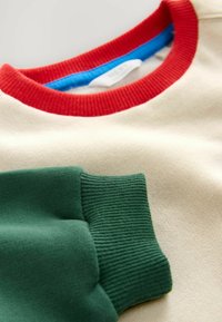 Kremowy sweatshirt z czerwonym ściągaczem przy kołnierzy, niebieskim wnętrzem dekoltu oraz teksturowanymi zielonymi rękawami z ściągaczami.
