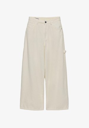 Krémové kordové kalhoty s širokými nohavicemi a vysokým pasem, vybavené pěti kapsami, zapínáním na knoflík a bočním detailem na smyčku.