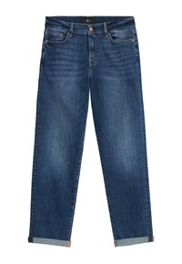 Jeans in denim blu scuro, caratterizzati da una vestibilità rilassata con risvolti. Comprendono tasche tradizionali e una leggera sfumatura sulle cosce.