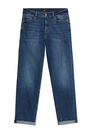 Jean en denim bleu foncé, avec une coupe décontractée et des ourlets roulés. Comprend des poches traditionnelles et un léger dégradé au niveau des cuisses.