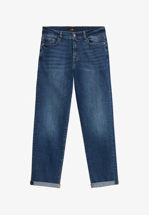 Jean en denim bleu foncé, avec une coupe décontractée et des ourlets roulés. Comprend des poches traditionnelles et un léger dégradé au niveau des cuisses.