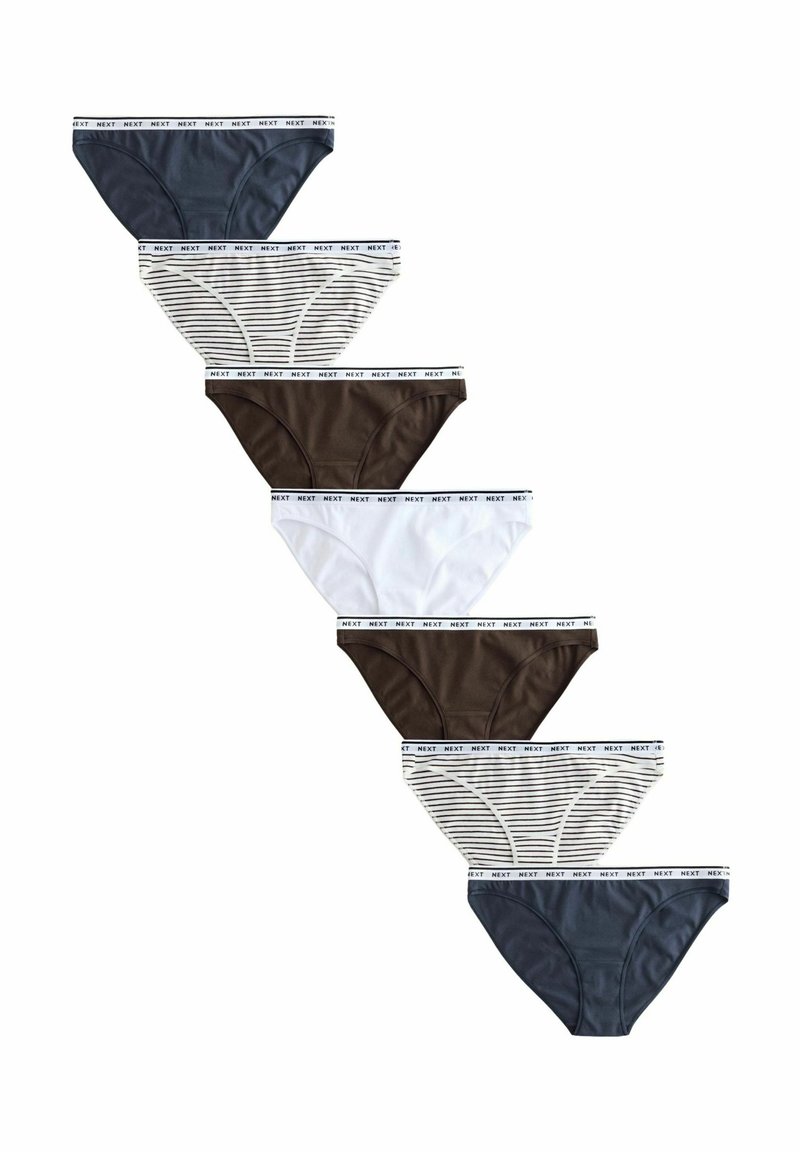 Set van 7 ondergoed in verschillende kleuren: marineblauw, wit, bruin en gestreept. Voorzien van een zachte tailleband met het merk "NEXT" erin geweven.
