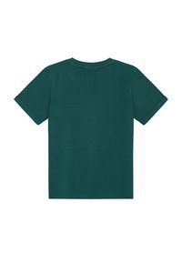 Σκούρο πράσινο κοντομάνικο t-shirt από βαμβάκι. Διαθέτει στρογγυλή λαιμόκοψη και γυριστά μανίκια. Το ύφασμα έχει λεία, ομοιόμορφη υφή.