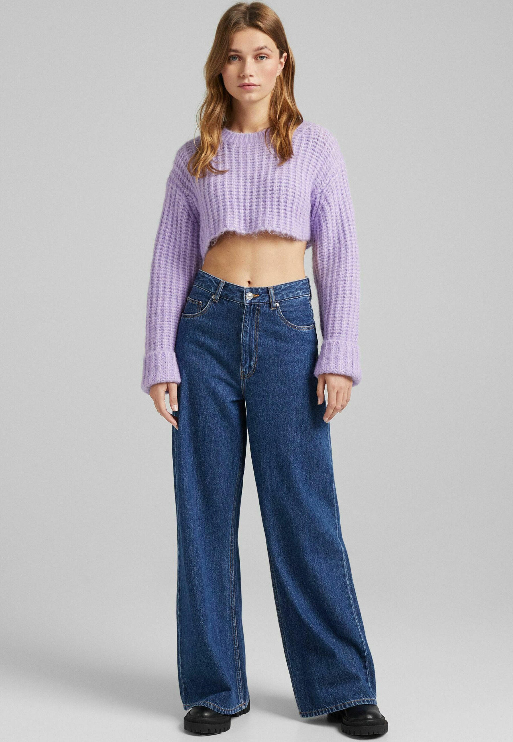 90's Wide Leg Jean With Knee Rip In Blue, Bershka