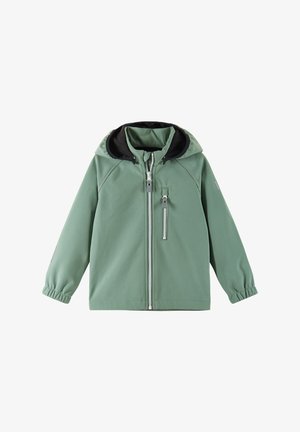 Žalia minkšto apvalkalo striukė su gobtuvu, priekyje užtrauktuku, krūtinės užtrauktuku kišenė, elastiniai rankogaliai ir juodos spalvos vidinis gobtuvo pamušalas.