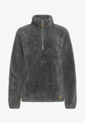 Siv gray pulover z visokim ovratnikom, sprednjim polovičnim zadrgo in stranskimi žepi. Mehak, teksturiran material z diskretnim sijajem. Ima znak blagovne znamke.