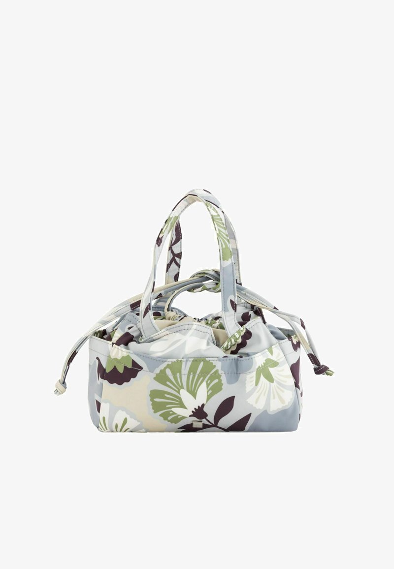 Petit sac à main en tissu avec un motif floral vert, blanc et marron, deux poignées et une fermeture par cordon.