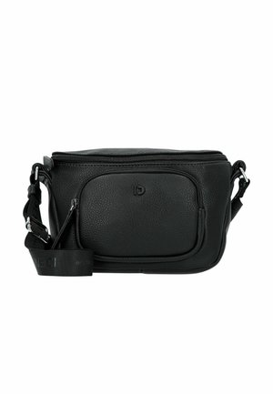 Schwarze Leder-Crossbody-Tasche mit strukturiertem Oberflächen, verstellbarem Tragegurt, oberen Reißverschluss und frontalem Reißverschlussfach. Kompakte rechteckige Form.