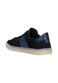 Navy suede sneaker with smooth leather accents, rounded toe, white rubber sole, and lace-up closure. Rear features a low-profile design.