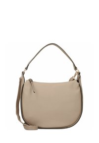 Sac à épaule en cuir beige avec une forme incurvée, texture lisse, bandoulière réglable, et un logo discret imprimé à l'avant.