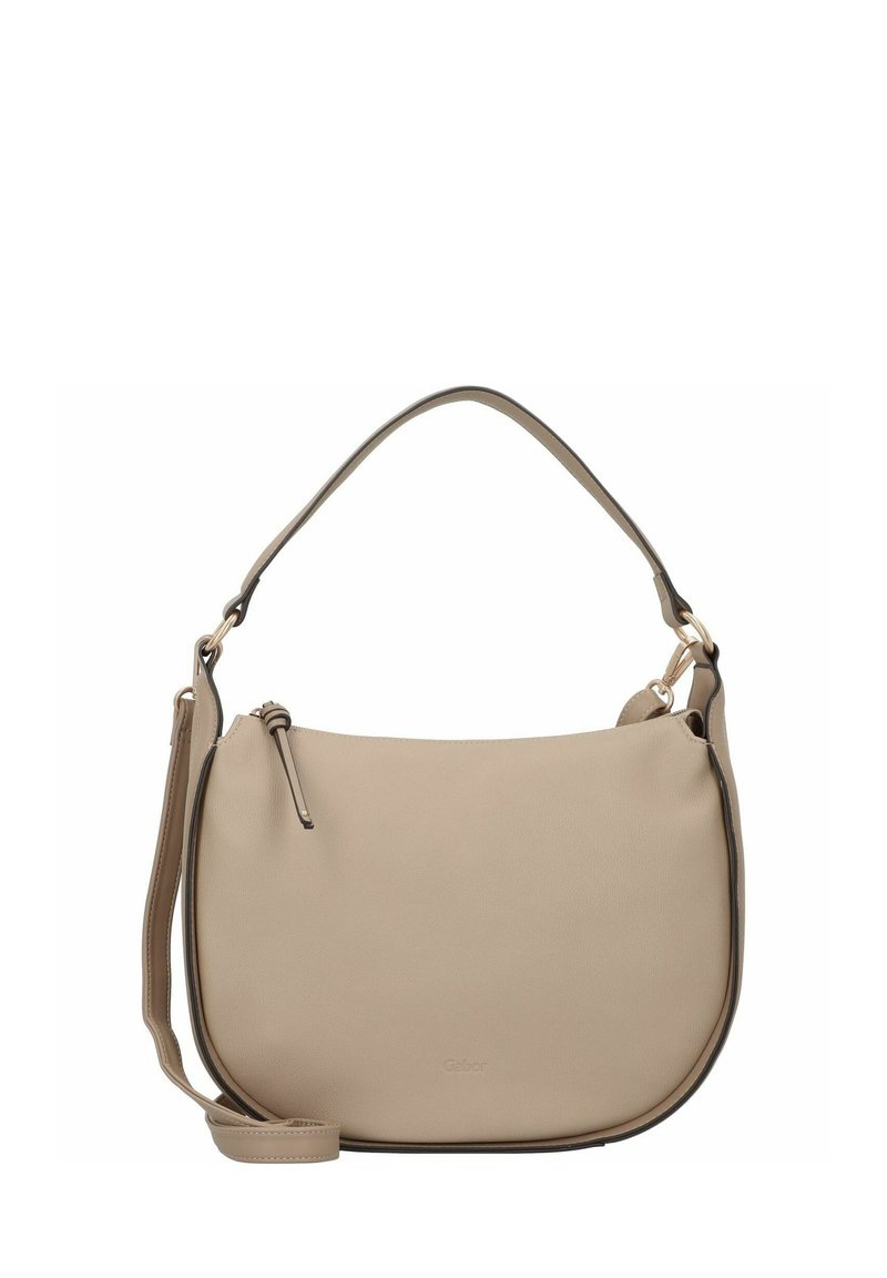 Sac à épaule en cuir beige avec une forme incurvée, texture lisse, bandoulière réglable, et un logo discret imprimé à l'avant.