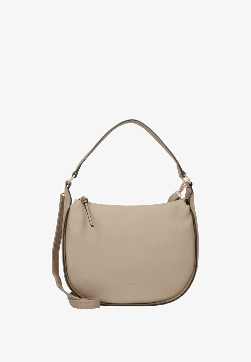 Borsa a spalla in pelle beige con forma curvata, superficie liscia, tracolla regolabile e un logo discreto stampato sulla parte anteriore.