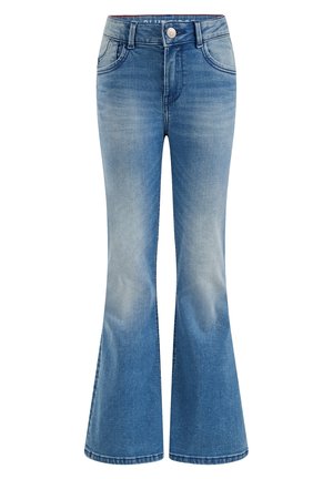 Jean flare en denim bleu avec l'avant délavé, cinq poches, passants de ceinture, fermeture par bouton et fermeture éclair.