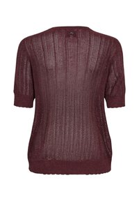 Pull en maille à manches courtes de couleur violet foncé avec motif vertical en maille ajourée et bord-côtes aux manches et à l’ourlet vu de dos.