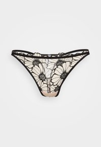 Black lace thong featuring a floral embroidery pattern on a nude background. The design includes thin straps and a scalloped edge.