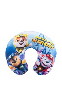 Cuscino per il collo con una cover in tessuto colorato raffigurante personaggi canini dei cartoni animati "Aqua Pup Heroes", in design a forma di U. Morbido al tatto.
