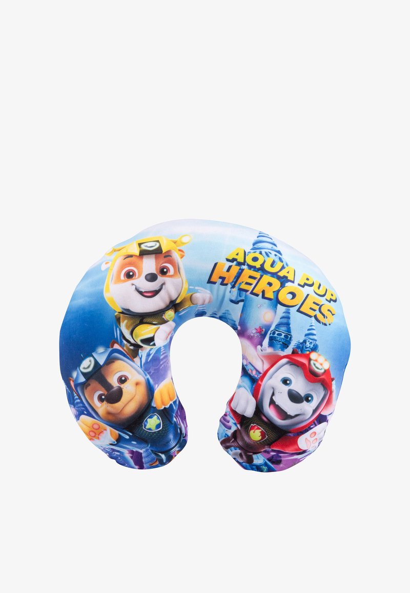 Cuscino per il collo con una cover in tessuto colorato raffigurante personaggi canini dei cartoni animati "Aqua Pup Heroes", in design a forma di U. Morbido al tatto.