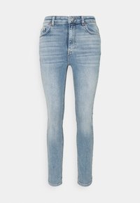 Kapeet farkut vaaleansinisen denim-kankaan sävyssä, joissa on klassinen viiden taskun muotoilu, nappikiinnitys ja hillitty haalistu immareissa.