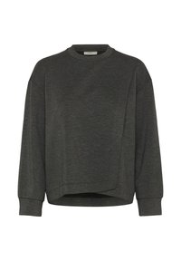 Felpa grigia scura con collo rotondo, maniche lunghe, design asimmetrico e texture morbida. Presenta una vestibilità comoda e dettagli di cucitura minimi.