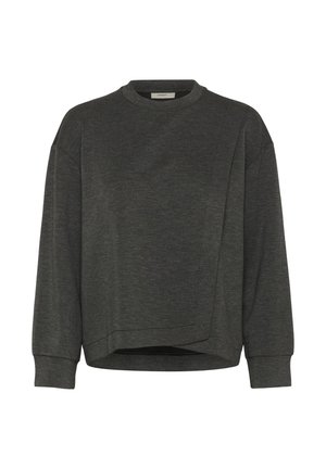 Dunkelgrauer Sweatshirt mit rundem Ausschnitt, langen Ärmeln, asymmetrischem Design und weicher Textur. Verfügt über einen lässigen Schnitt und minimale Nähte.