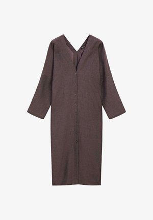 Tmavě hnědá lněná šaty s výstřihem do V, 3/4 rukávy a knoflíkovou légu. Má volný střih a sahá do poloviny lýtek.