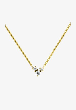 Collar de cadena de oro con un diseño en forma de V, adornado con tres piedras preciosas blancas brillantes de diferentes tamaños, que aportan interés visual y textura.